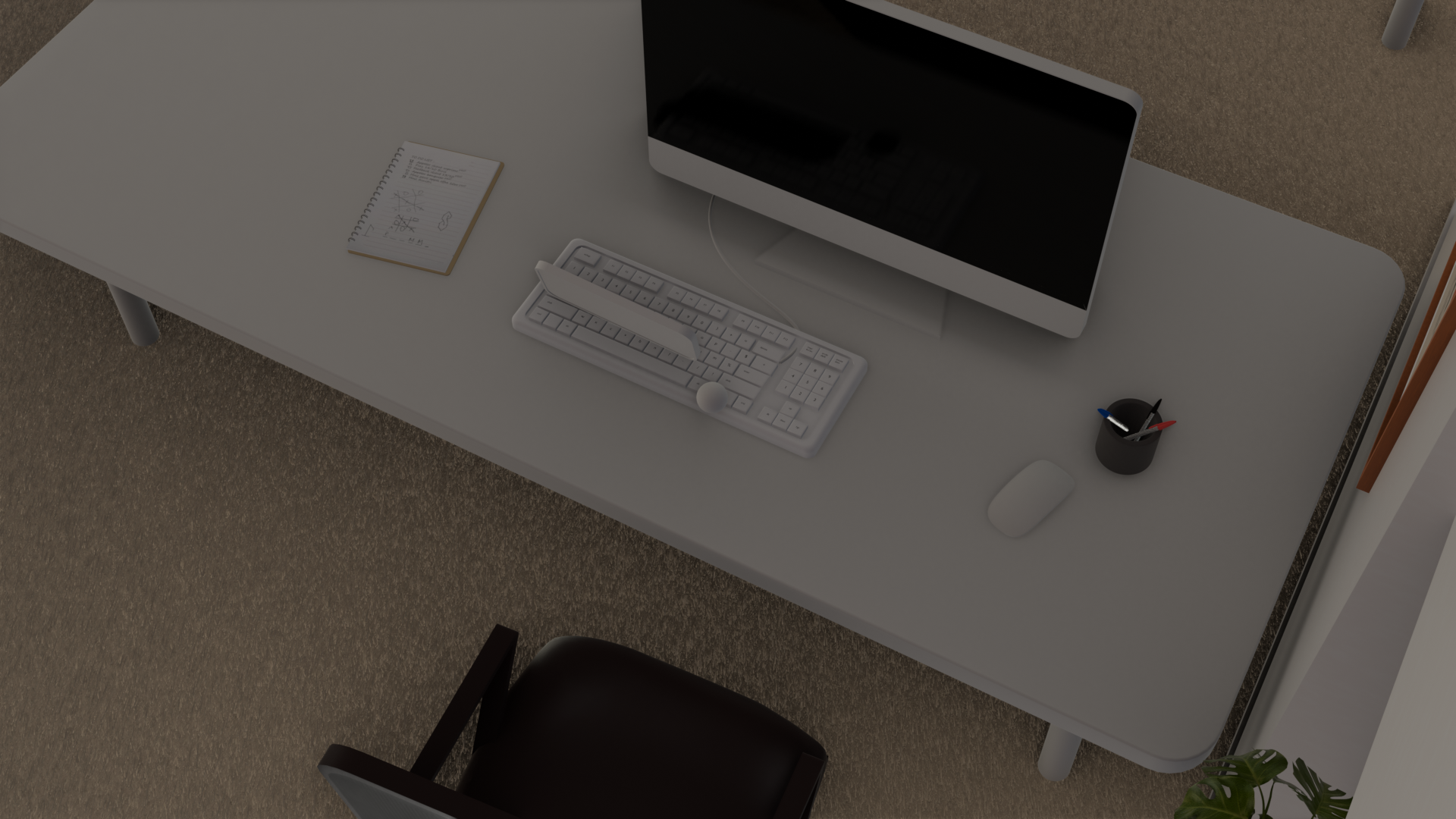 Top shot of a desk with computer